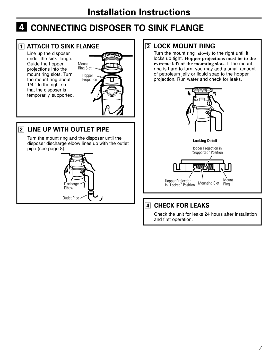 GE GFC1020, GFC530 Connecting Disposer to Sink Flange, Attach to Sink Flange Lock Mount Ring, Line UP with Outlet Pipe 