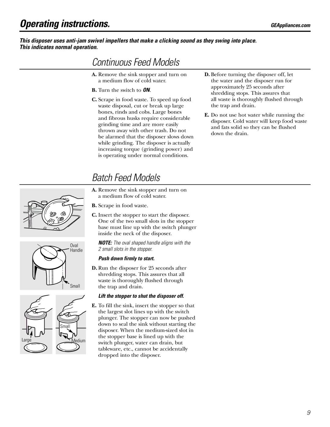 GE GFB760, GFC530, GFC1020 Operating instructions, Continuous Feed Models, Batch Feed Models, Push down firmly to start 