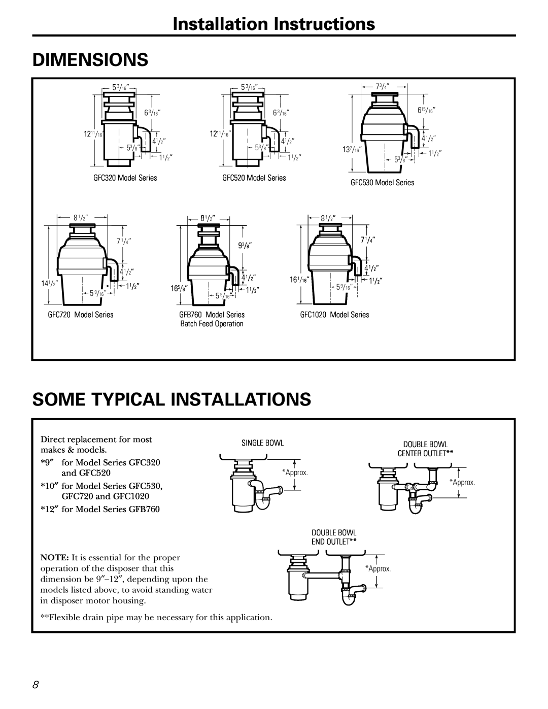 GE GFC520, GFC530, GFC1020, GFB760, GFC320, GFC720 owner manual Installation Instructions DIMENSIONS, Some Typical Installations 
