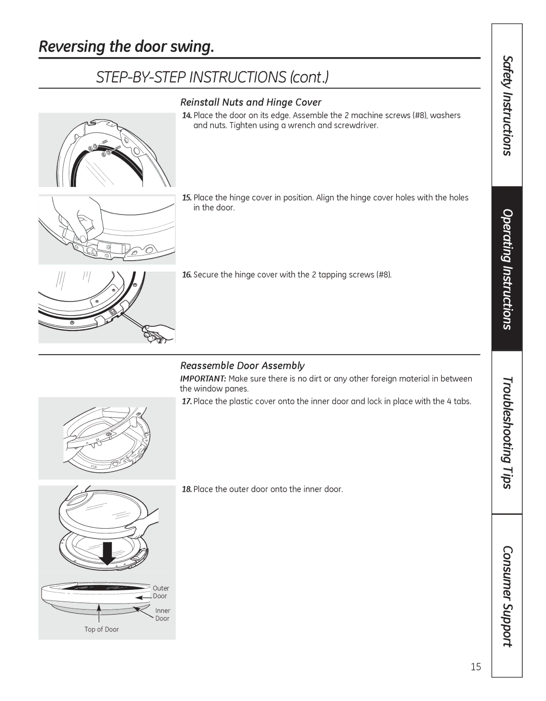 GE GFDN110, GFDN100 owner manual Reinstall Nuts and Hinge Cover, Reassemble Door Assembly 