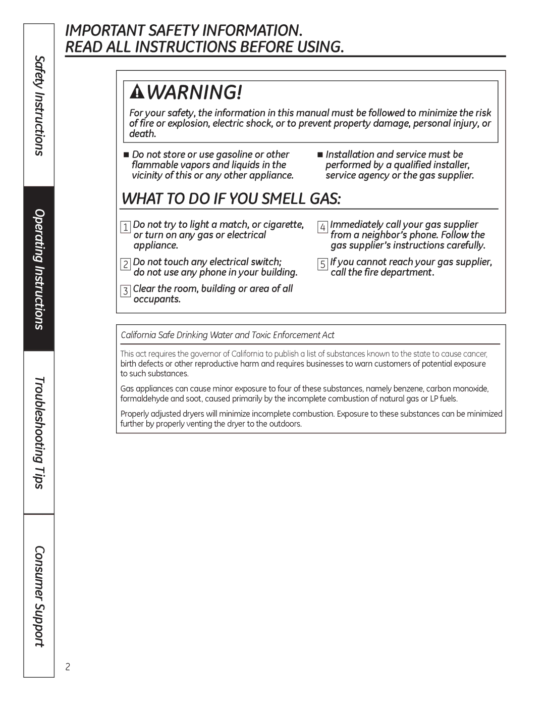 GE GFDN100, GFDN110 owner manual What to do if YOU Smell GAS, Clear the room, building or area of all occupants 