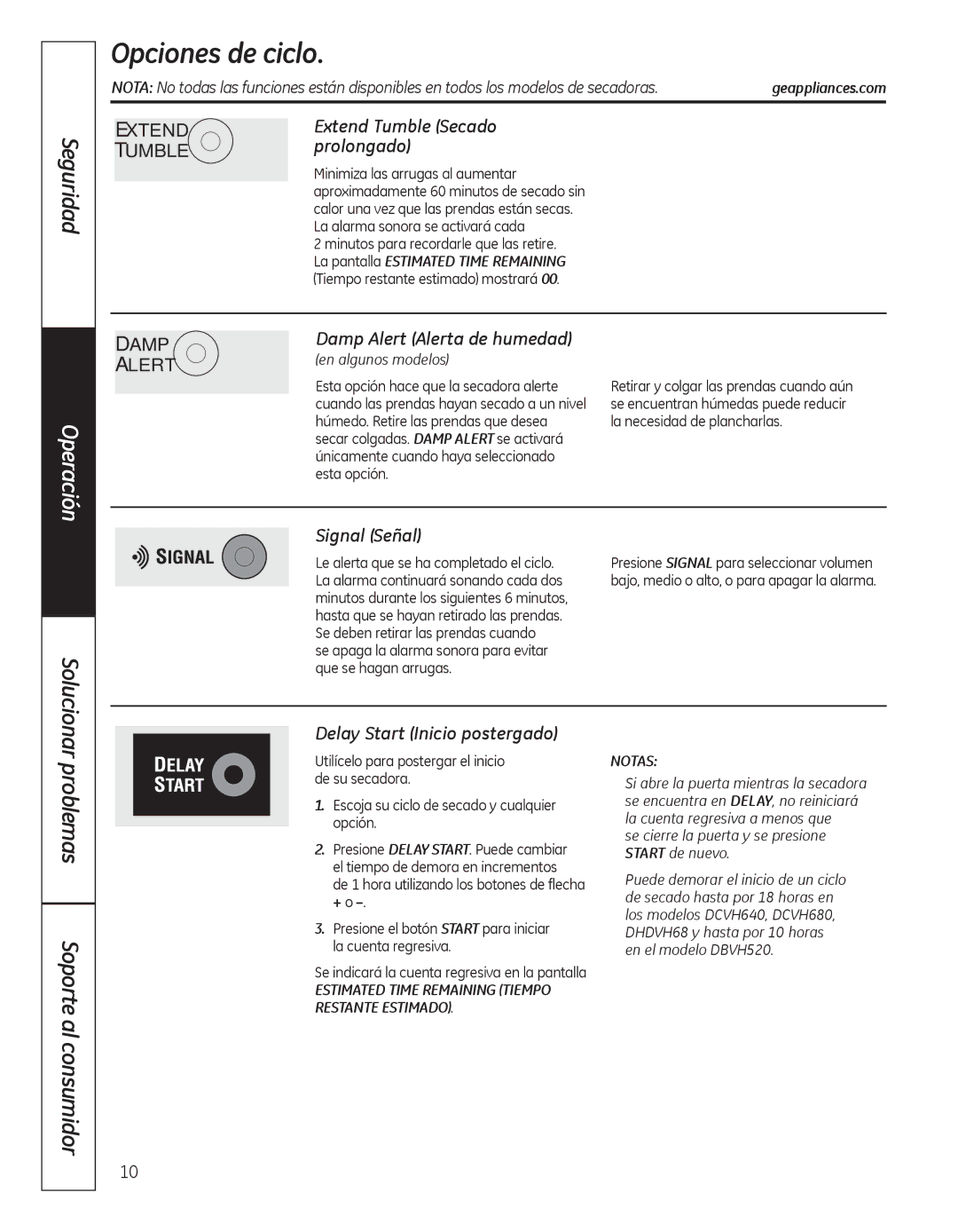 GE GFDN100, GFDN110 owner manual Opciones de ciclo 