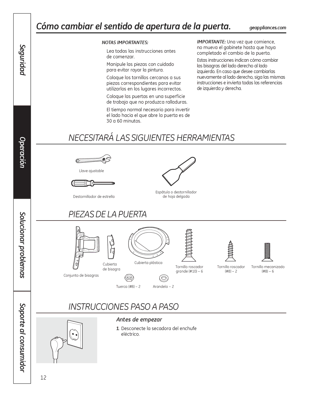 GE GFDN100, GFDN110 owner manual Piezas DE LA Puerta, Instrucciones Paso a Paso, Antes de empezar, Notas Importantes 