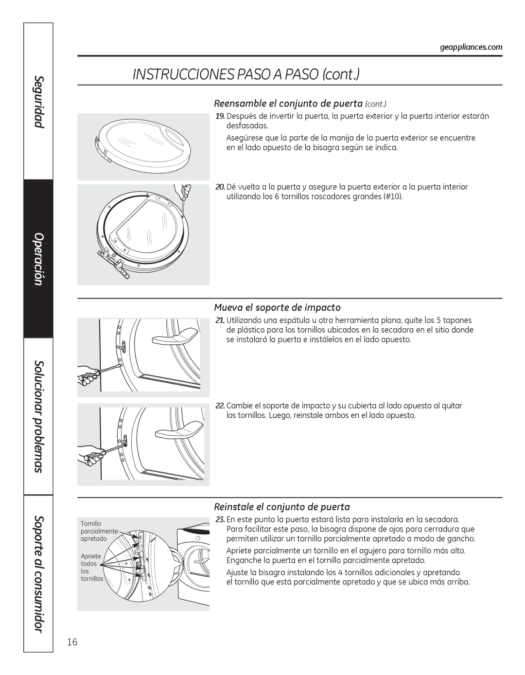 GE GFDN100, GFDN110 owner manual Mueva el soporte de impacto, Reinstale el conjunto de puerta 