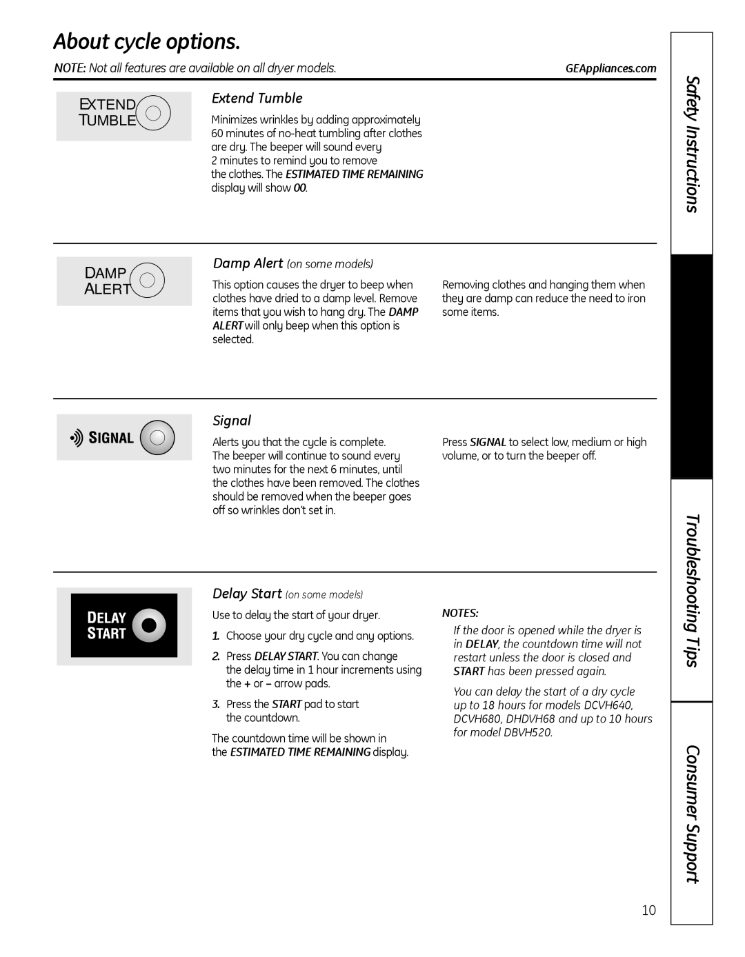 GE GFDN100 About cycle options, Extend Tumble, Signal, Damp Alert on some models, Estimated Time Remaining display 