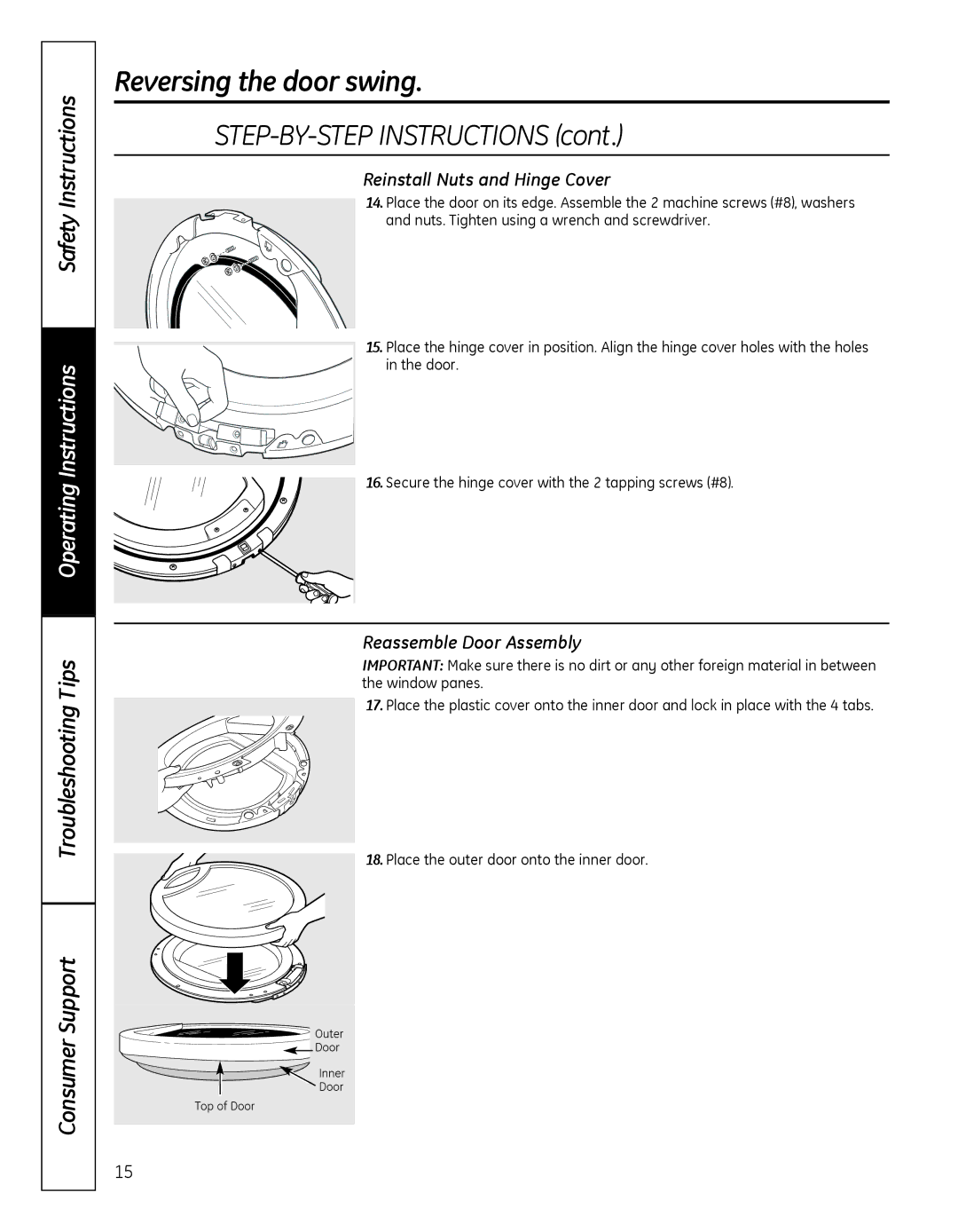 GE GFDN100 owner manual Reinstall Nuts and Hinge Cover, Reassemble Door Assembly 