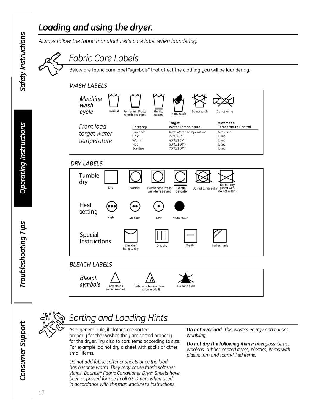 GE GFDN100 owner manual Loading and using the dryer, Fabric Care Labels, Sorting and Loading Hints 