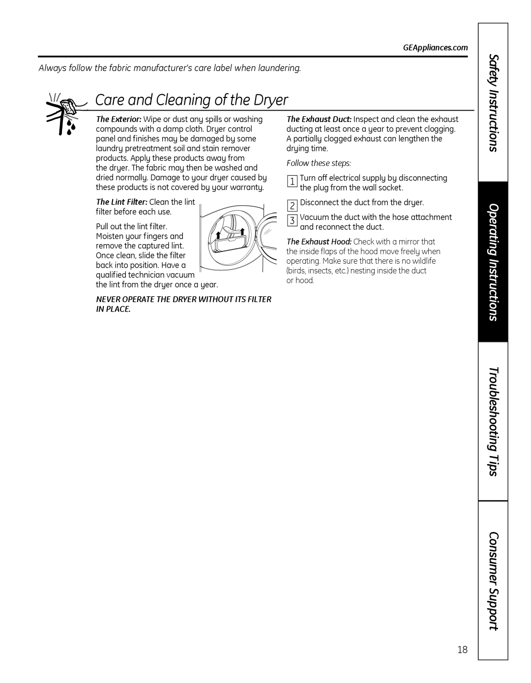 GE GFDN100 Care and Cleaning of the Dryer, Lint Filter Clean the lint, Never Operate the DRyER WITHOuT ITS FIlTER in PlACE 