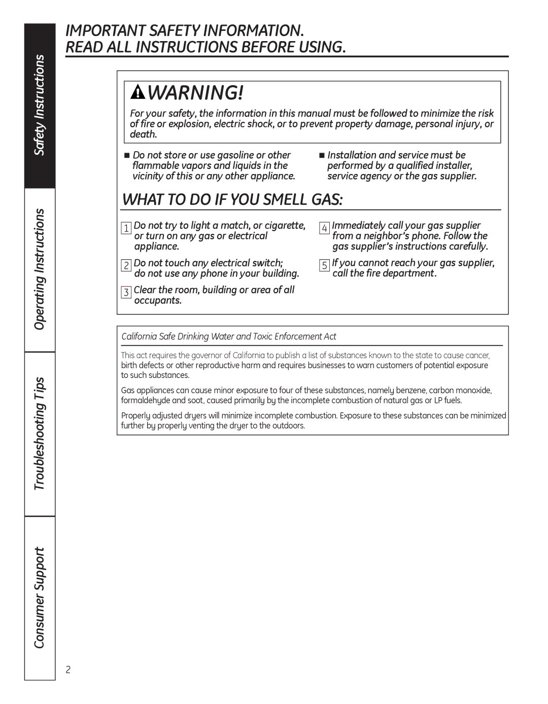 GE GFDN100 owner manual What to do if yOu SMEll GAS, Operating Instructions 