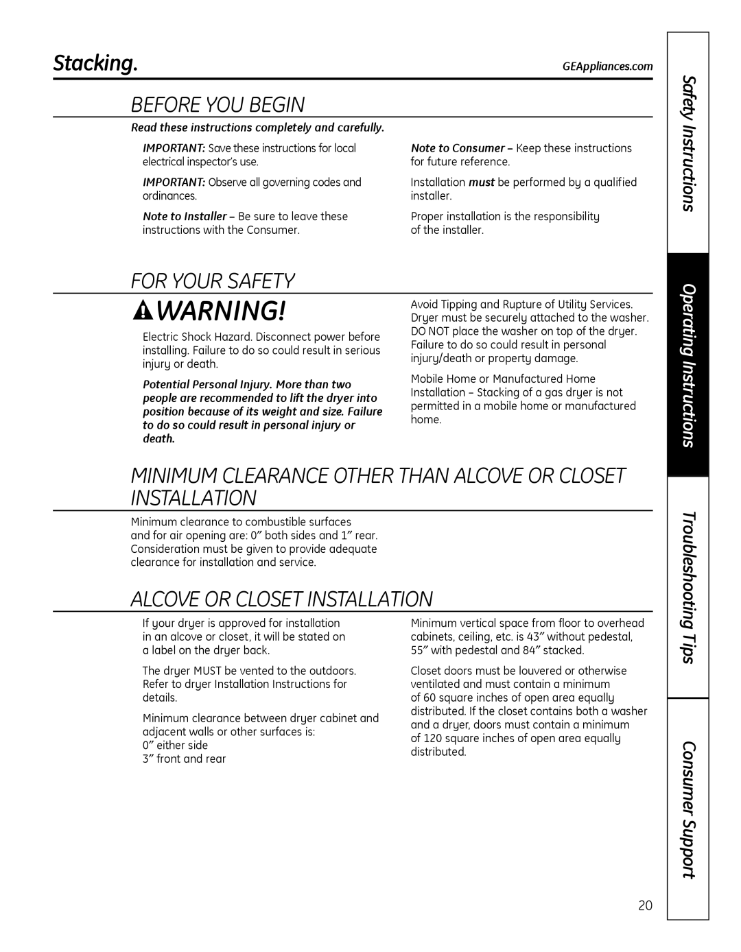 GE GFDN100 Stacking, Before YOU Begin, For Your Safety, MINImUm Clearance Other than Alcove or Closet Installation 