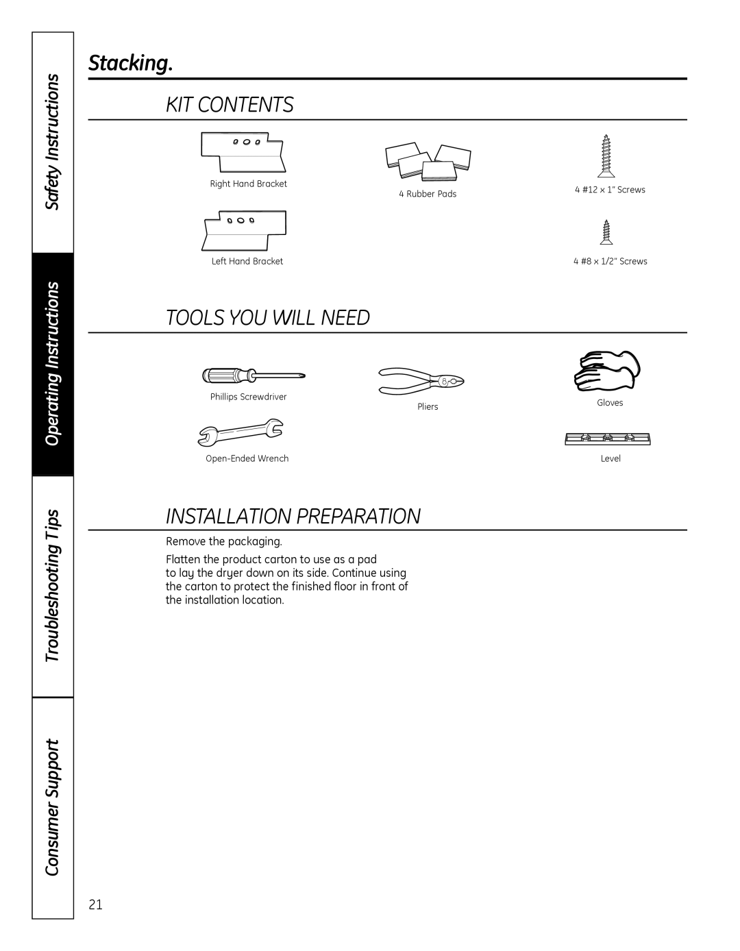 GE GFDN100 owner manual KIT Contents, Installation Preparation 