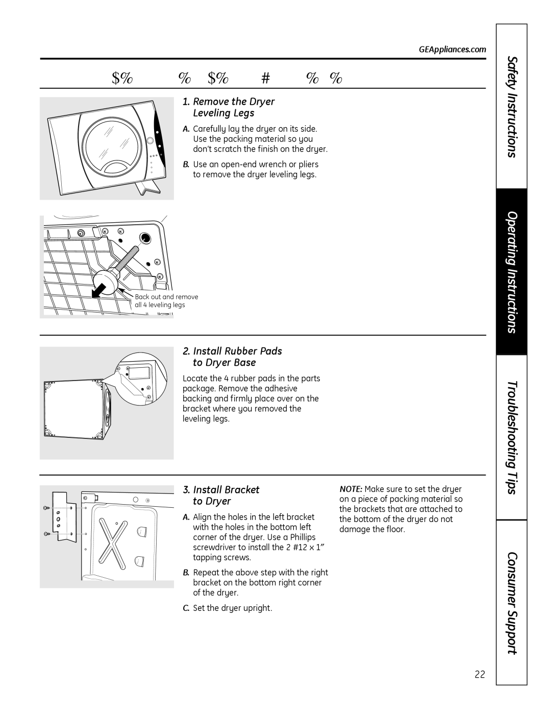 GE GFDN100 owner manual Installing the Stack Bracket KIT, Remove the Dryer leveling legs, Install Rubber Pads to Dryer Base 