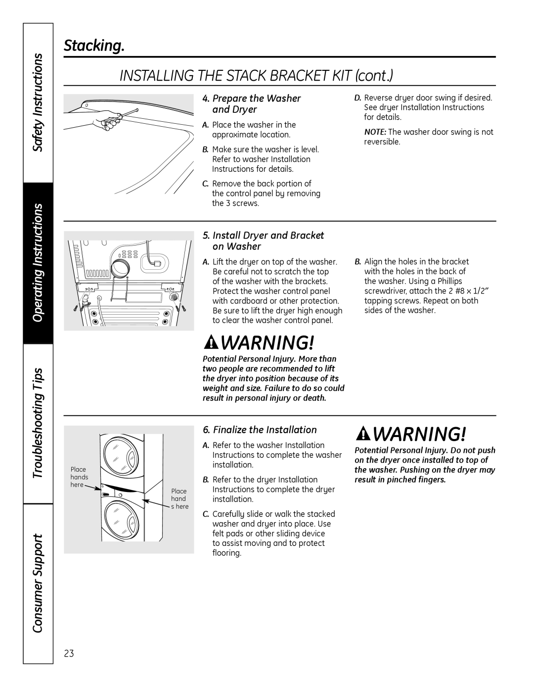 GE GFDN100 owner manual Installing the Stack Bracket KIT, Prepare the Washer and Dryer, Install Dryer and Bracket on Washer 