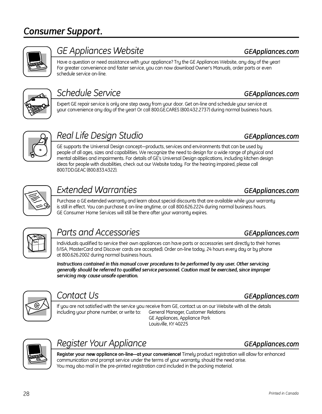 GE GFDN100 Consumer Support GE Appliances Website, Schedule Service, Real Life Design Studio, Extended Warranties 