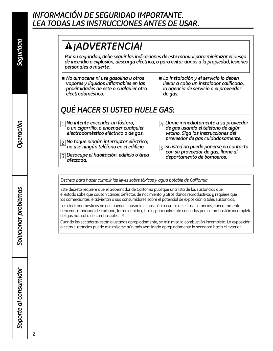 GE GFDN100 owner manual ¡Advertencia, No intente encender un fósforo 