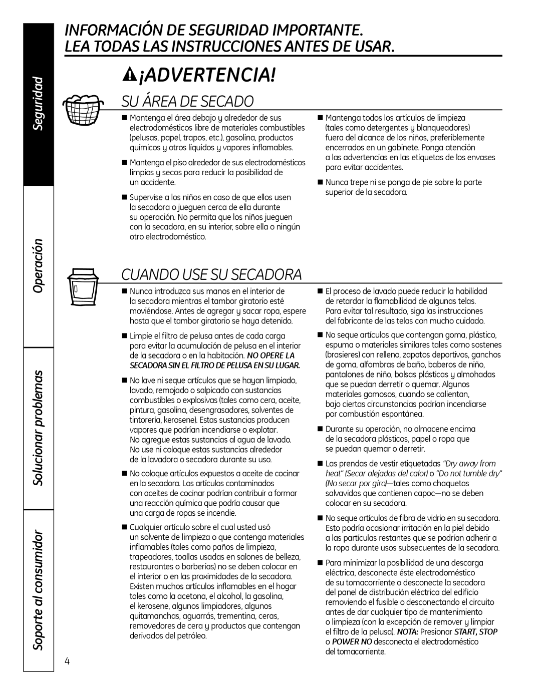 GE GFDN100 owner manual SuÁreaDeSecado, CuandoUseSuSecadora 