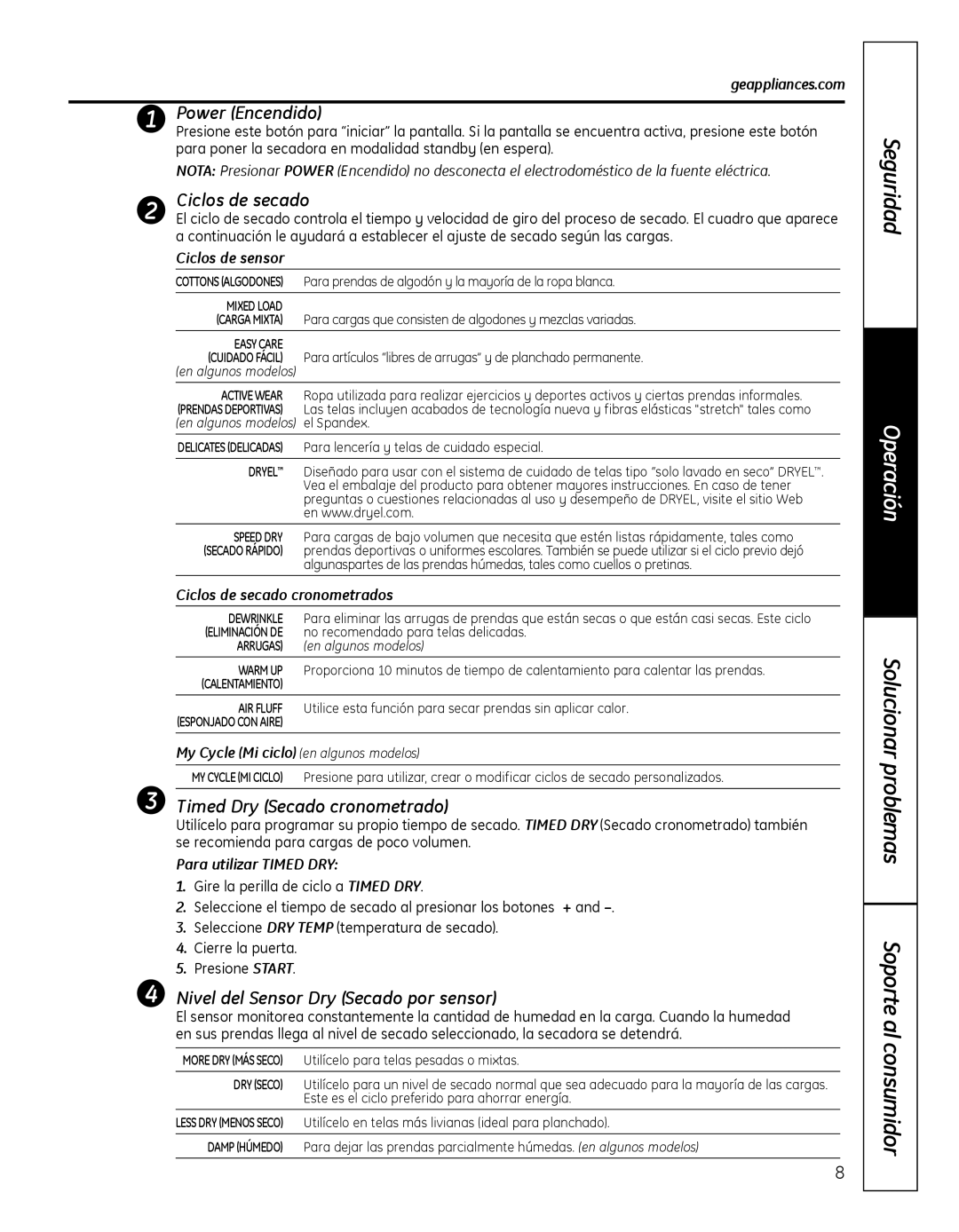 GE GFDN100 Power Encendido, Ciclos de secado, Timed Dry Secado cronometrado, Nivel del Sensor Dry Secado por sensor 