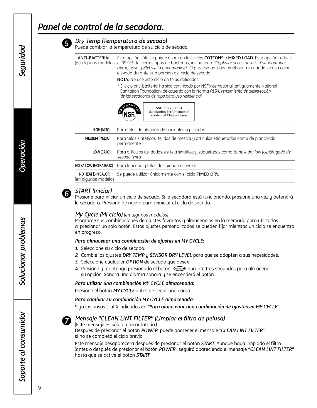 GE GFDN100 owner manual Dry Temp Temperatura de secado, Start Iniciar, My Cycle Mi ciclo enalgunosmodelos 