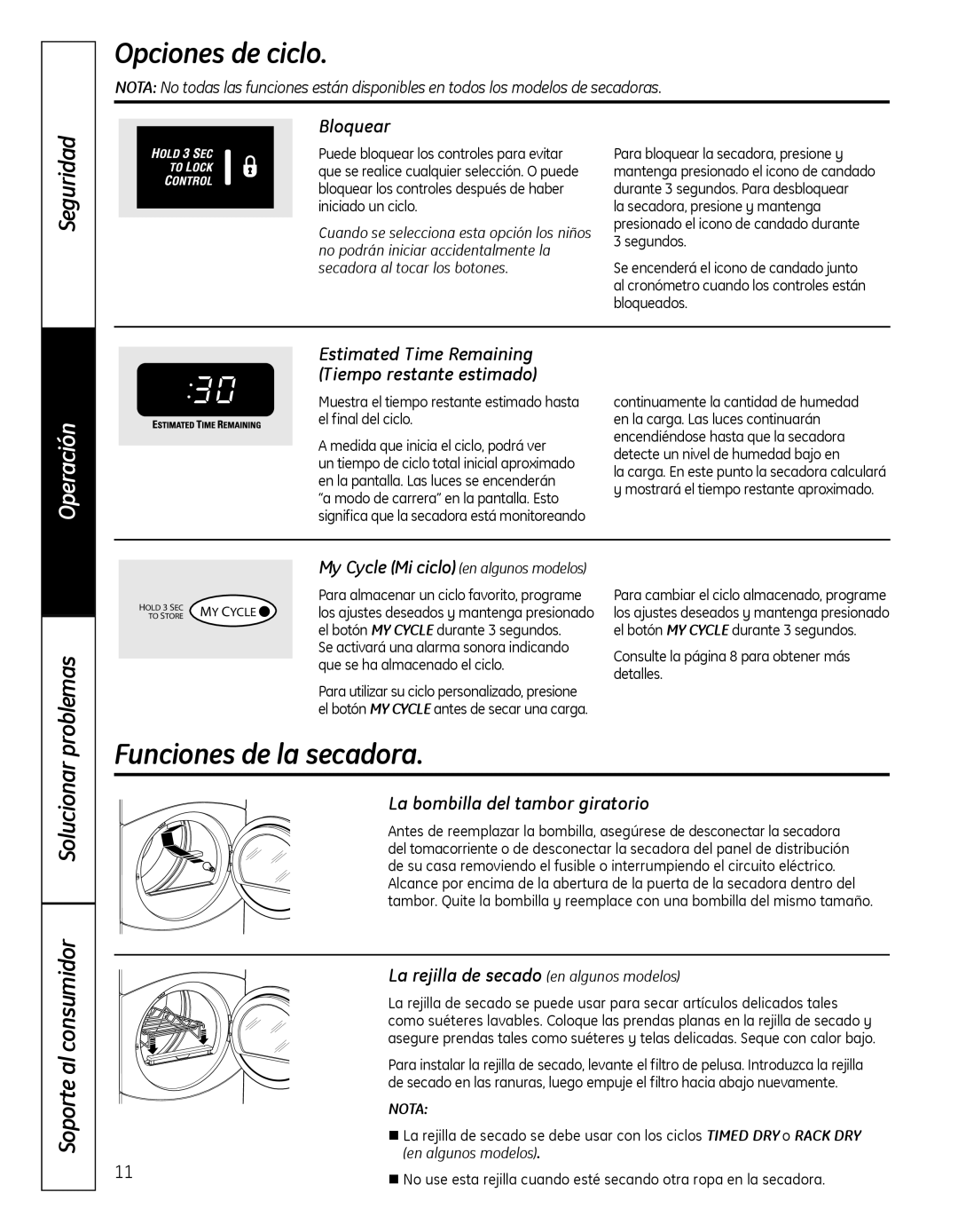 GE GFDN100 owner manual Funciones de la secadora, Bloquear, Estimated Time Remaining Tiempo restante estimado 