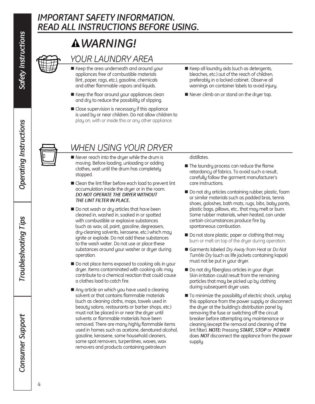 GE GFDN100 owner manual Your Laundry Area, When Using Your Dryer 