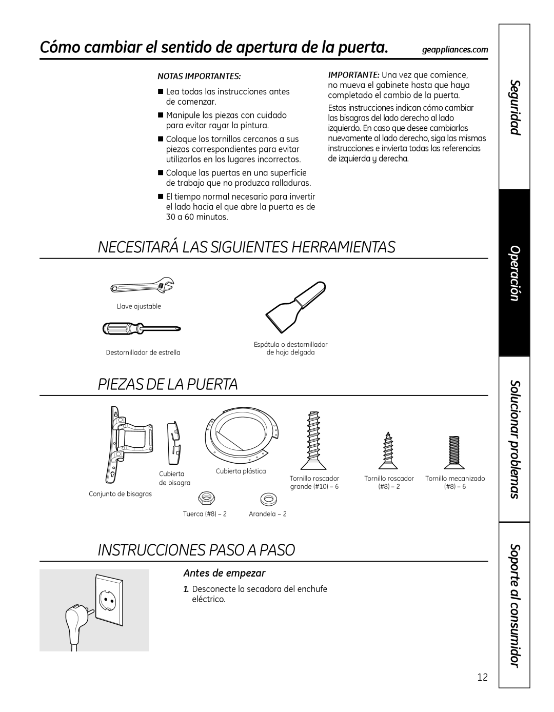 GE GFDN100 Cómo cambiar el sentido de apertura de la puerta, NecesitaráLasSiguientesHerramientas, PiezasDeLaPuerta 