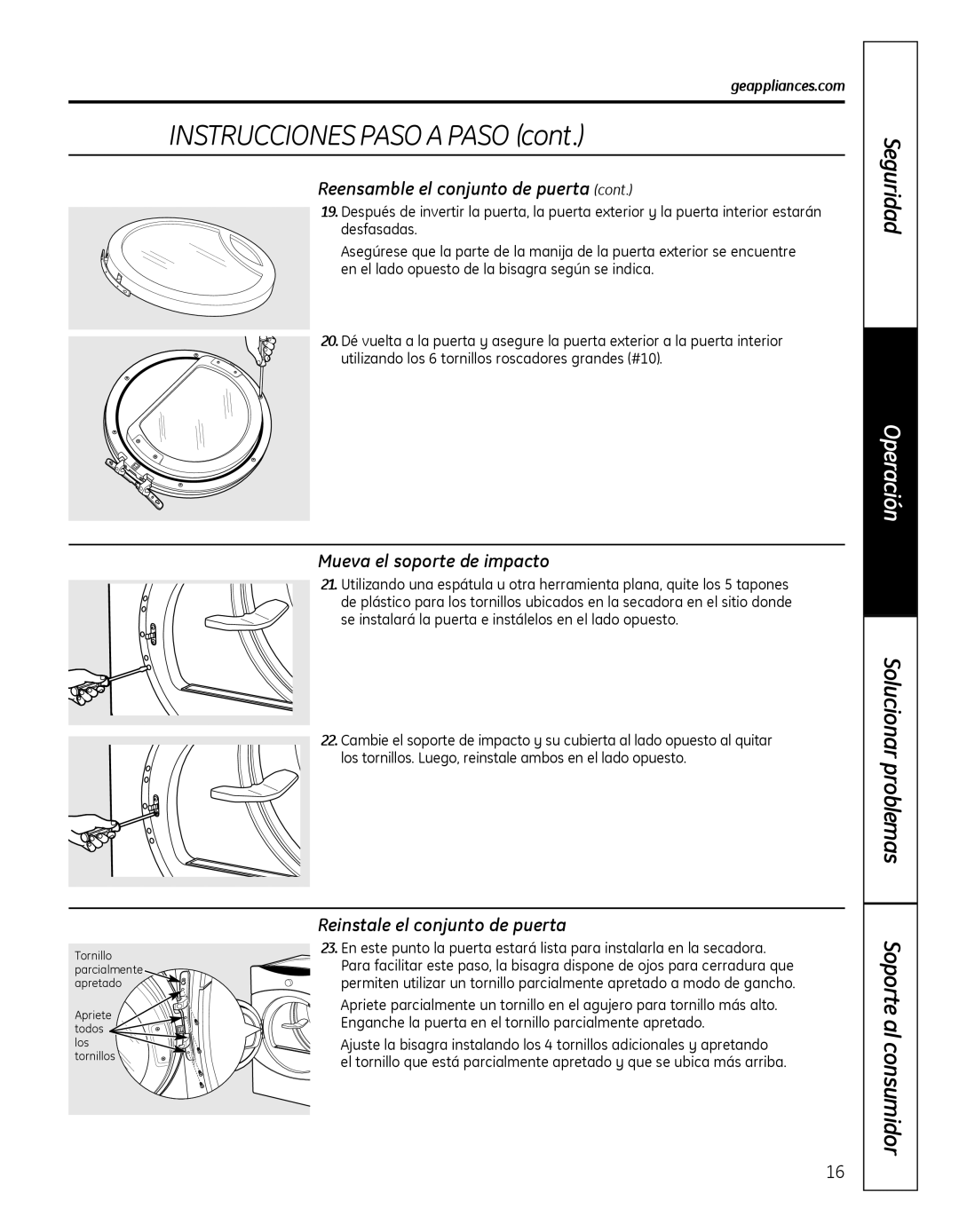 GE GFDN100 owner manual Mueva el soporte de impacto, Reinstale el conjunto de puerta 