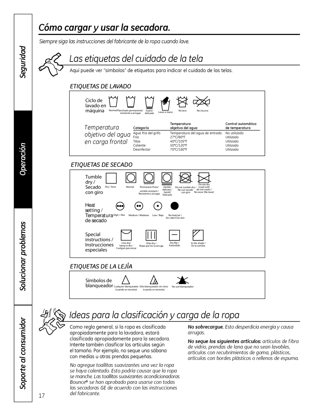 GE GFDN100 owner manual Cómo cargar y usar la secadora, Lasetiquetasdelcuidadodelatela 