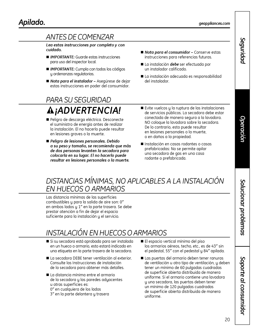 GE GFDN100 owner manual Apilado, AntesDeComenzar, ParaSuSeguridad 