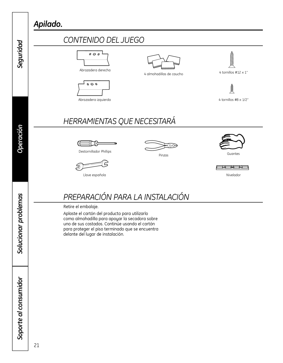 GE GFDN100 owner manual ContenidoDelJuego, HerramientasQueNecesitará, PreparaciónParaLaInstalación 