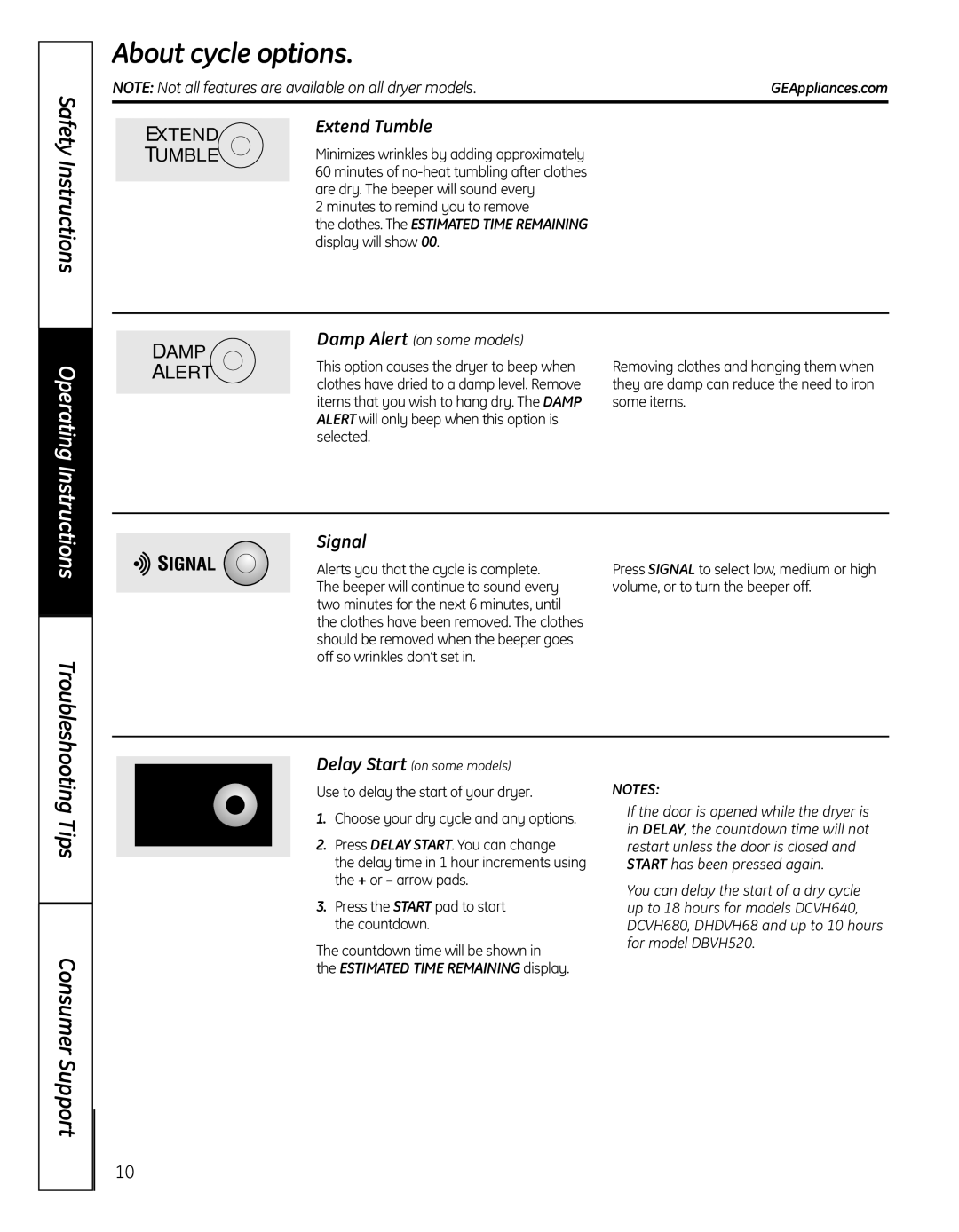 GE GFDN110 About cycle options, Extend Tumble, Signal, Damp Alert on some models, Estimated Time Remaining display 