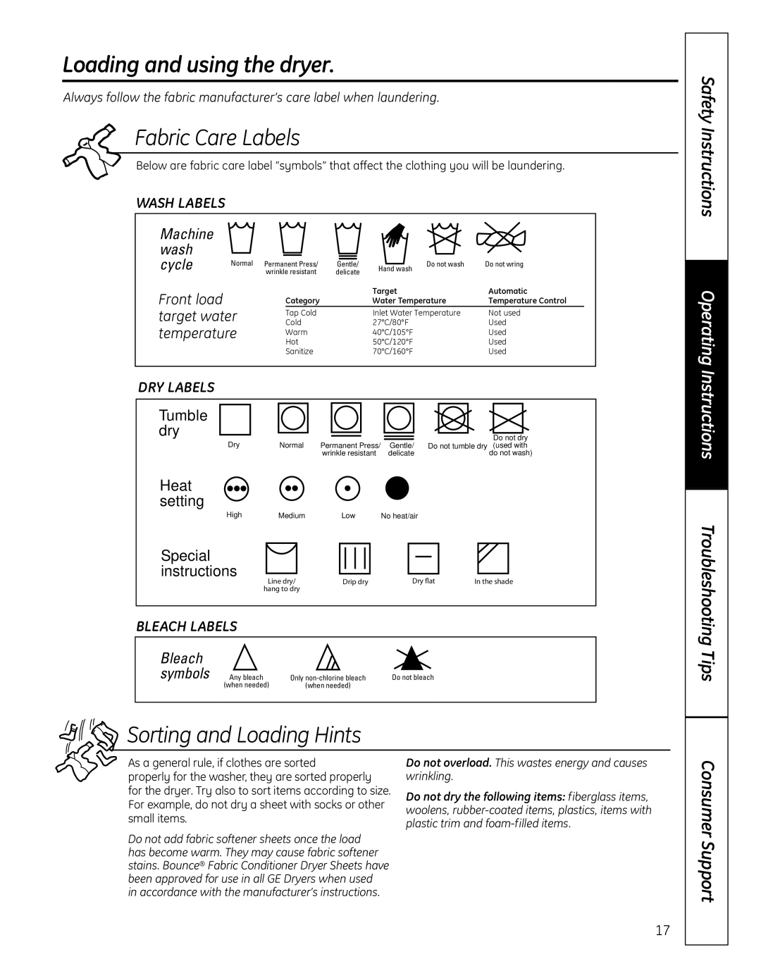 GE 364B7130P001, GFDN110 owner manual Loading and using the dryer, Fabric Care Labels, Sorting and Loading Hints 