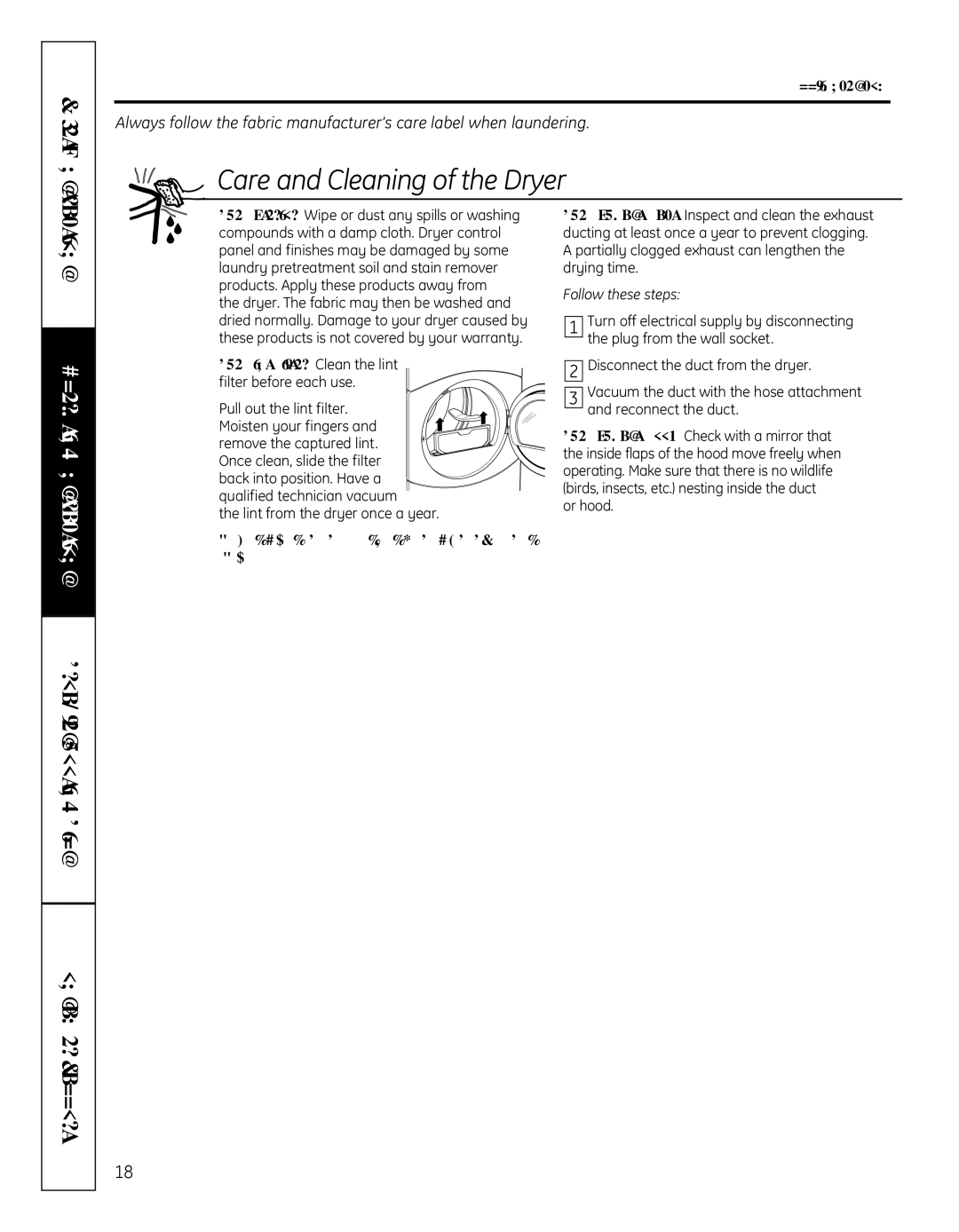 GE GFDN110 Care and Cleaning of the Dryer, Lint Filter Clean the lint, Never Operate the DRyER WITHOuT ITS FIlTER in PlACE 