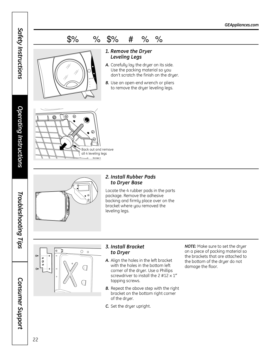 GE GFDN110 owner manual Installing the Stack Bracket KIT, Remove the Dryer leveling legs, Install Rubber Pads to Dryer Base 