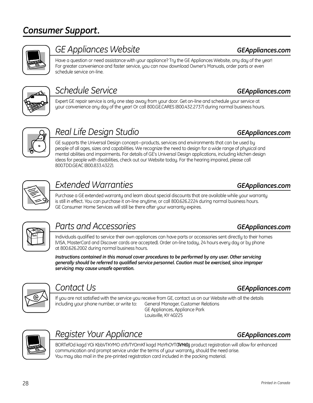 GE GFDN110 Consumer Support GE Appliances Website, Schedule Service, Real Life Design Studio, Extended Warranties 