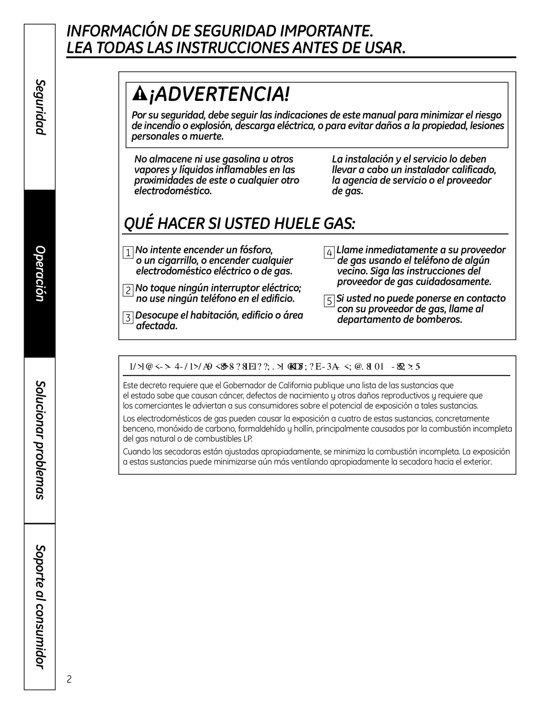 GE GFDN110, 364B7130P001 owner manual ¡Advertencia, No intente encender un fósforo 