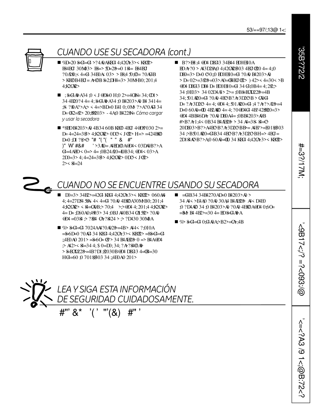 GE 364B7130P001, GFDN110 owner manual CUANDOUSESUSECADORAcont, LeaYSigaEstaInformación DeSeguridadCuidadosamente 