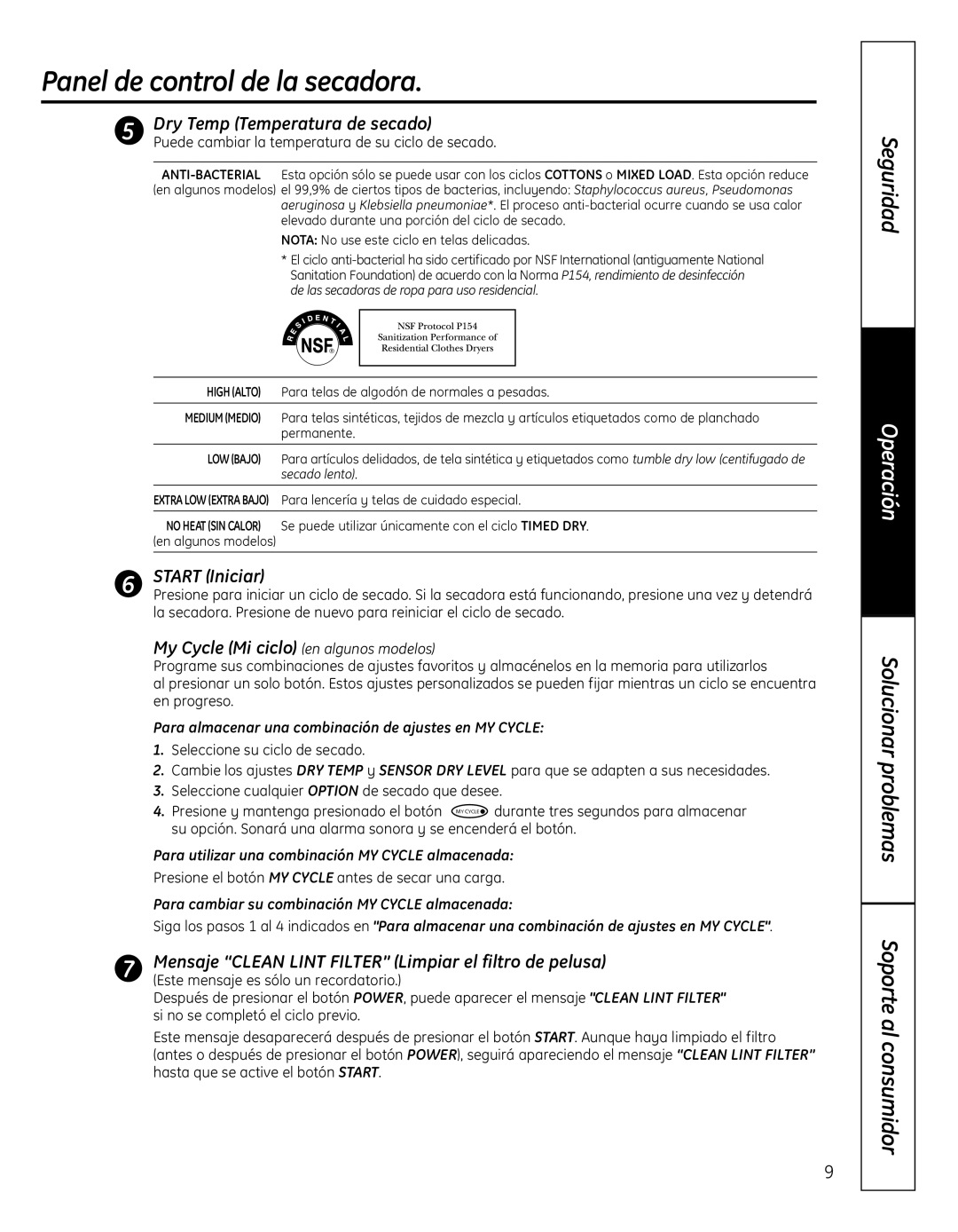 GE 364B7130P001, GFDN110 owner manual Dry Temp Temperatura de secado, Start Iniciar, My Cycle Mi ciclo enalgunosmodelos 