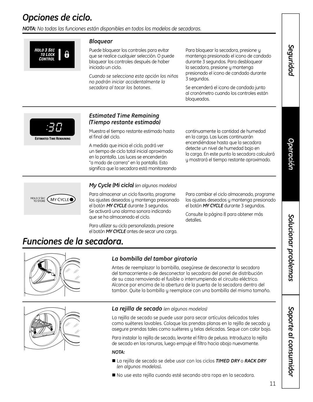 GE 364B7130P001, GFDN110 owner manual Funciones de la secadora, Bloquear, Estimated Time Remaining Tiempo restante estimado 