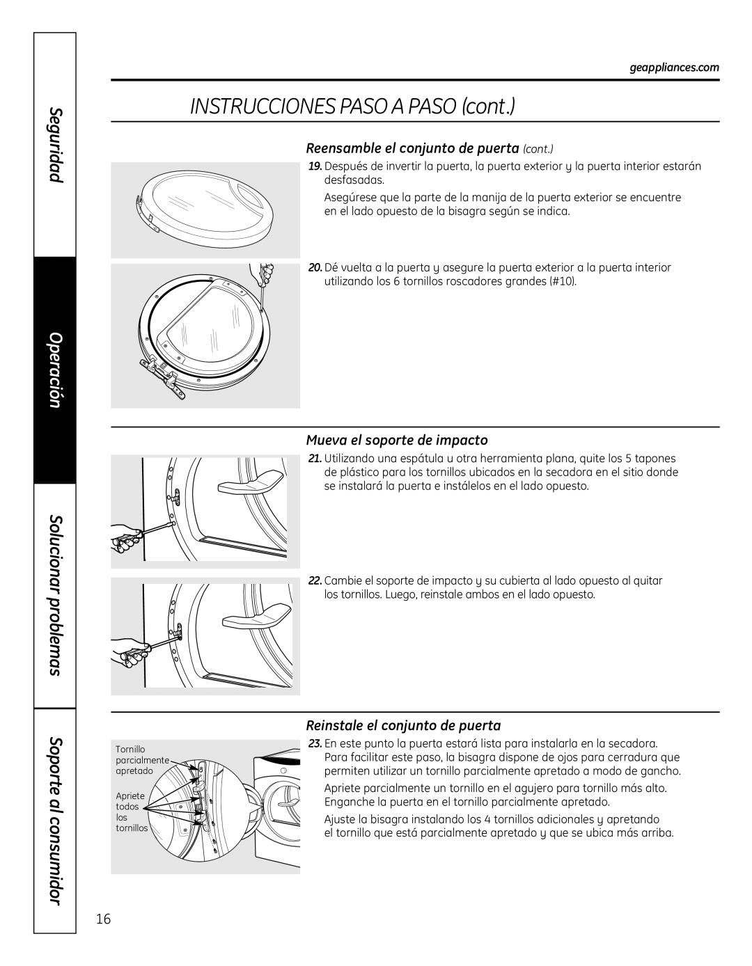 GE GFDN110, 364B7130P001 owner manual Mueva el soporte de impacto, Reinstale el conjunto de puerta 