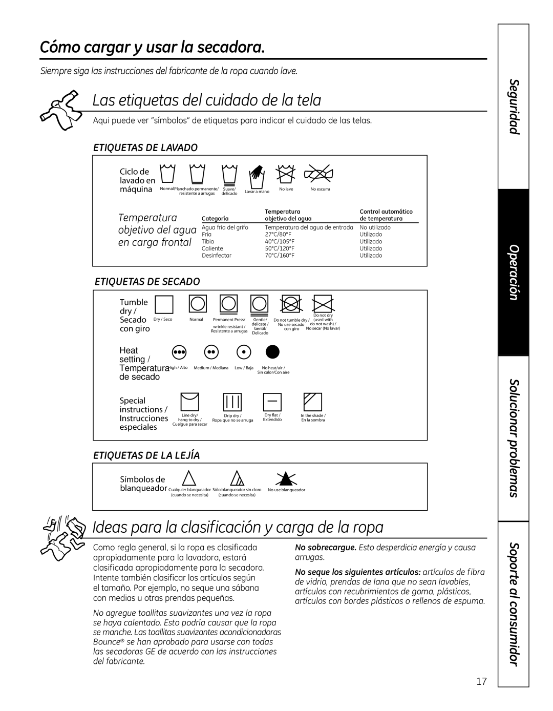 GE 364B7130P001, GFDN110 owner manual Cómo cargar y usar la secadora, Lasetiquetasdelcuidadodelatela 