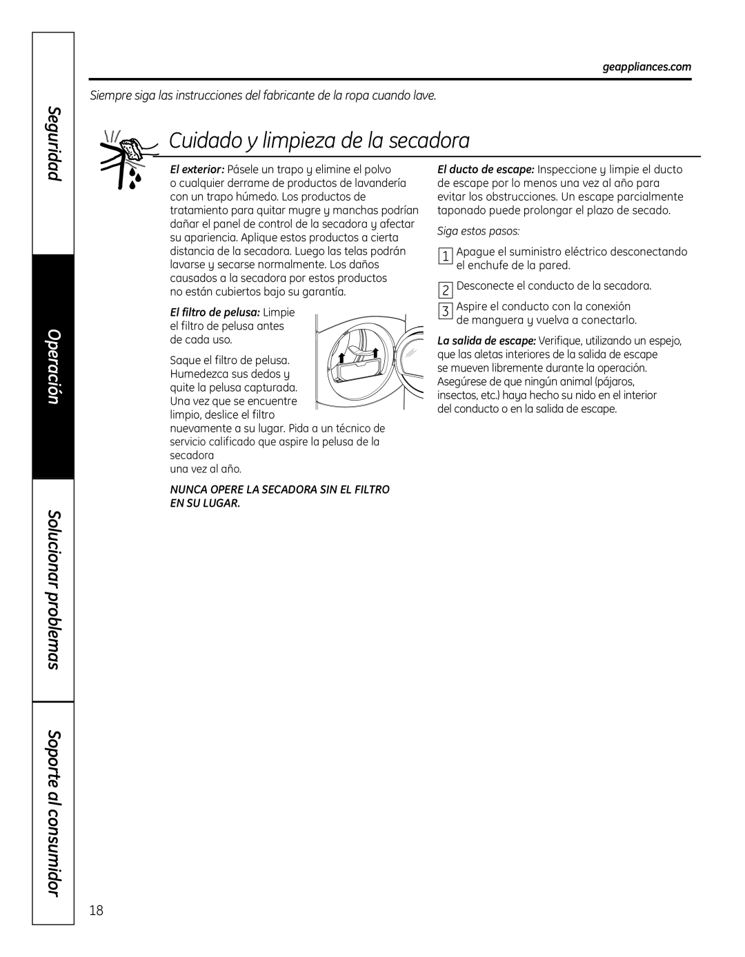 GE GFDN110, 364B7130P001 owner manual Cuidadoylimpiezadelasecadora, El filtro de pelusa Limpie, Sigaestospasos 