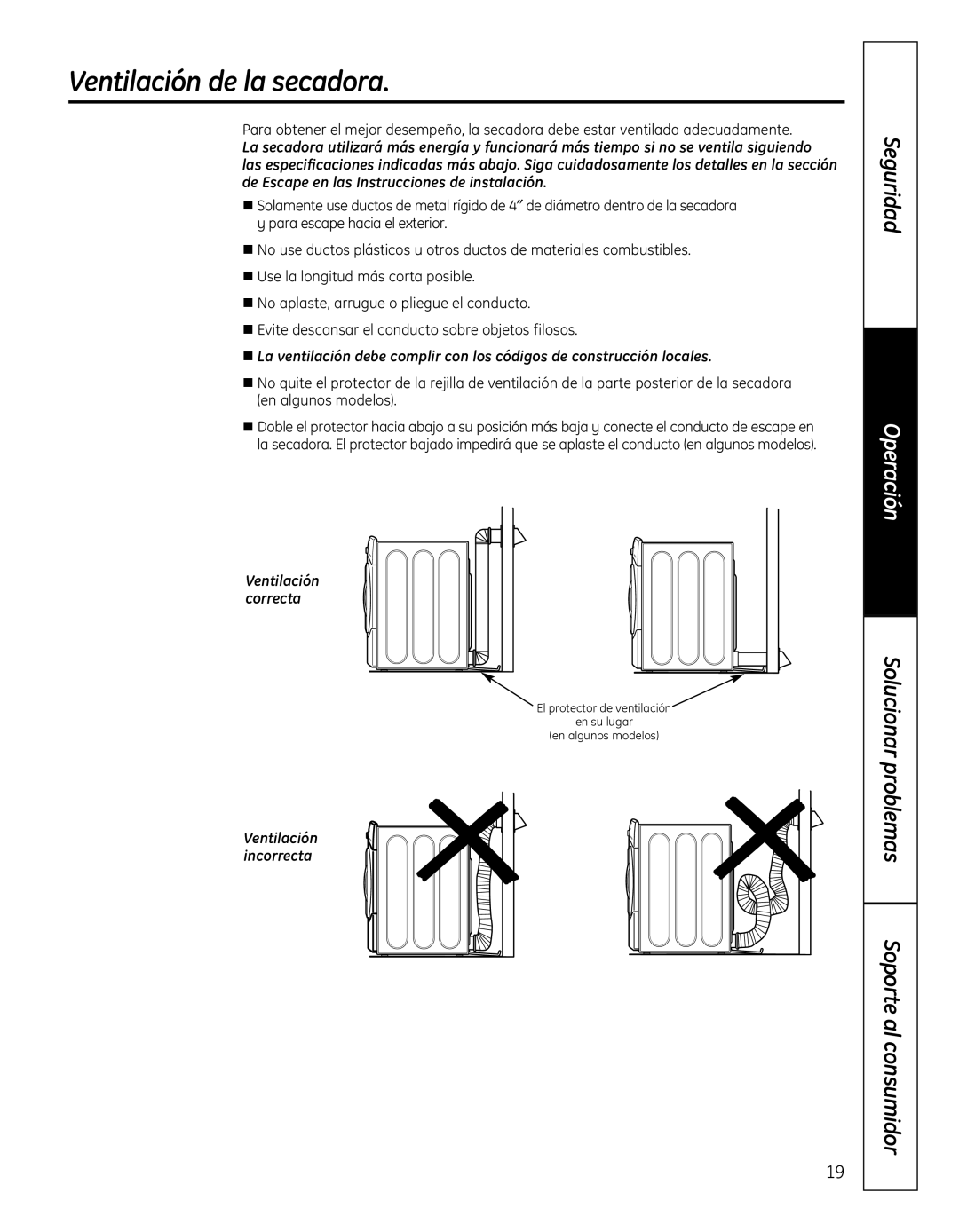 GE 364B7130P001, GFDN110 owner manual Ventilación de la secadora, Ventilación correcta, Ventilación incorrecta 