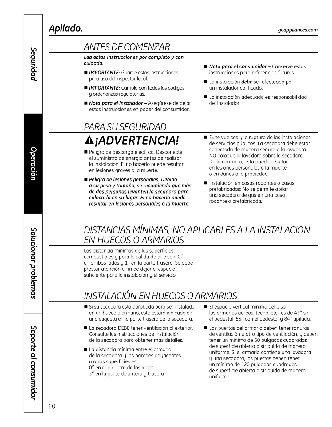 GE GFDN110, 364B7130P001 owner manual Apilado, AntesDeComenzar 