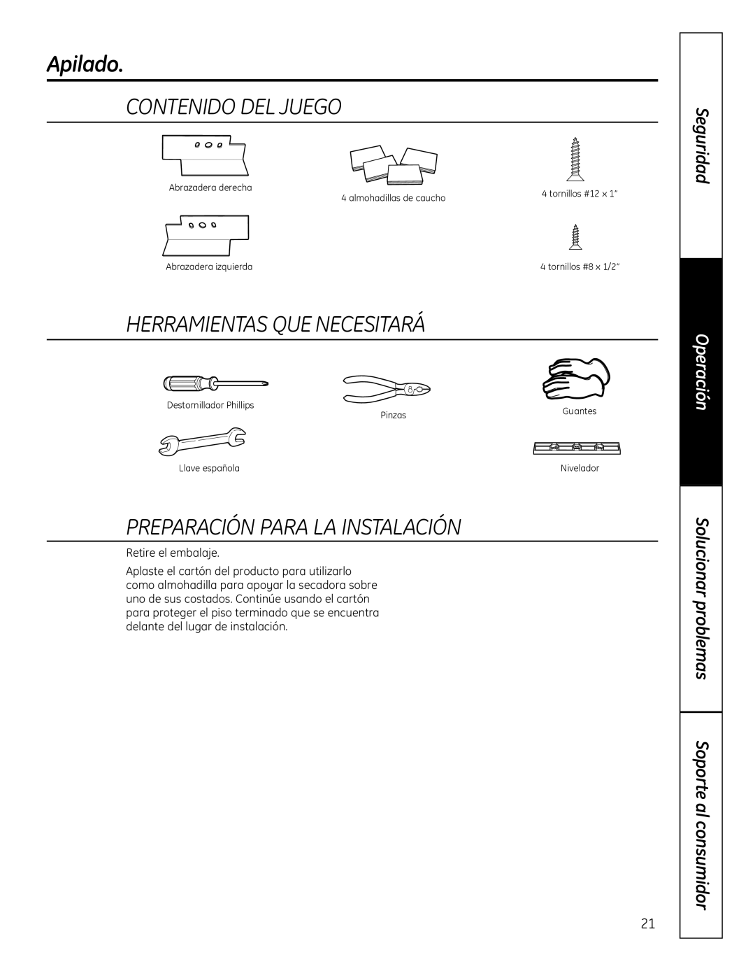 GE 364B7130P001, GFDN110 owner manual ContenidoDelJuego, HerramientasQueNecesitará, PreparaciónParaLaInstalación 