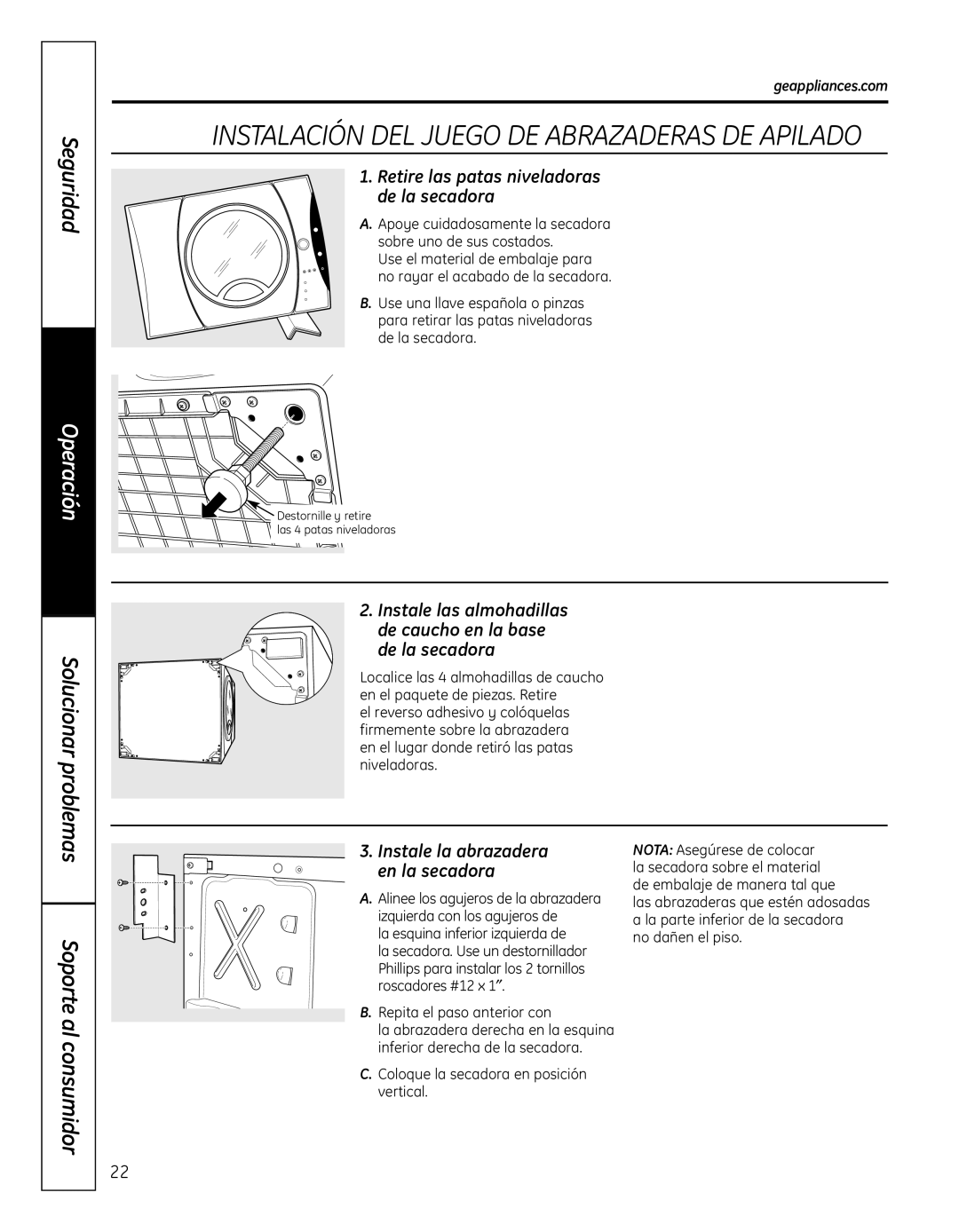 GE GFDN110, 364B7130P001 owner manual Retire las patas niveladoras de la secadora, Instale la abrazadera en la secadora 