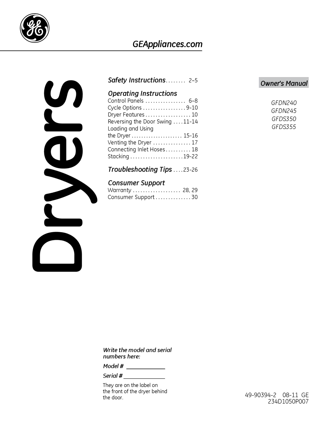 GE GFDS350, GFDN245, GFDN240, GFDS355 owner manual Dryers 