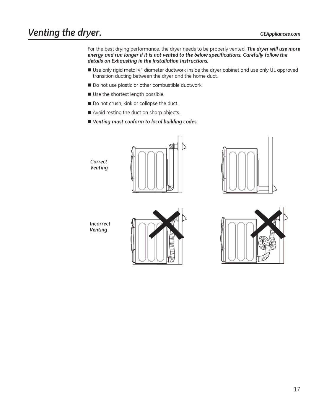 GE GFDS350, GFDN245, GFDN240, GFDS355 owner manual 9HQWLQJWKHGU\HU, RUUHFW 9HQWLQJ QFRUUHFW 