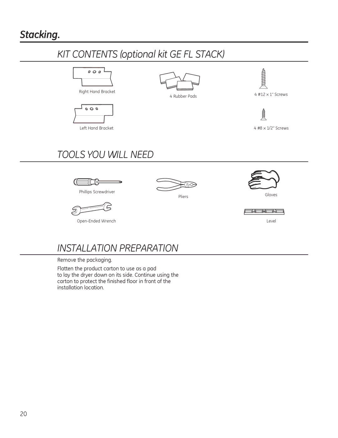 GE GFDN245, GFDS350, GFDN240, GFDS355 owner manual 6WDFNLQJ, 167$//$7,21353$5$7,21 