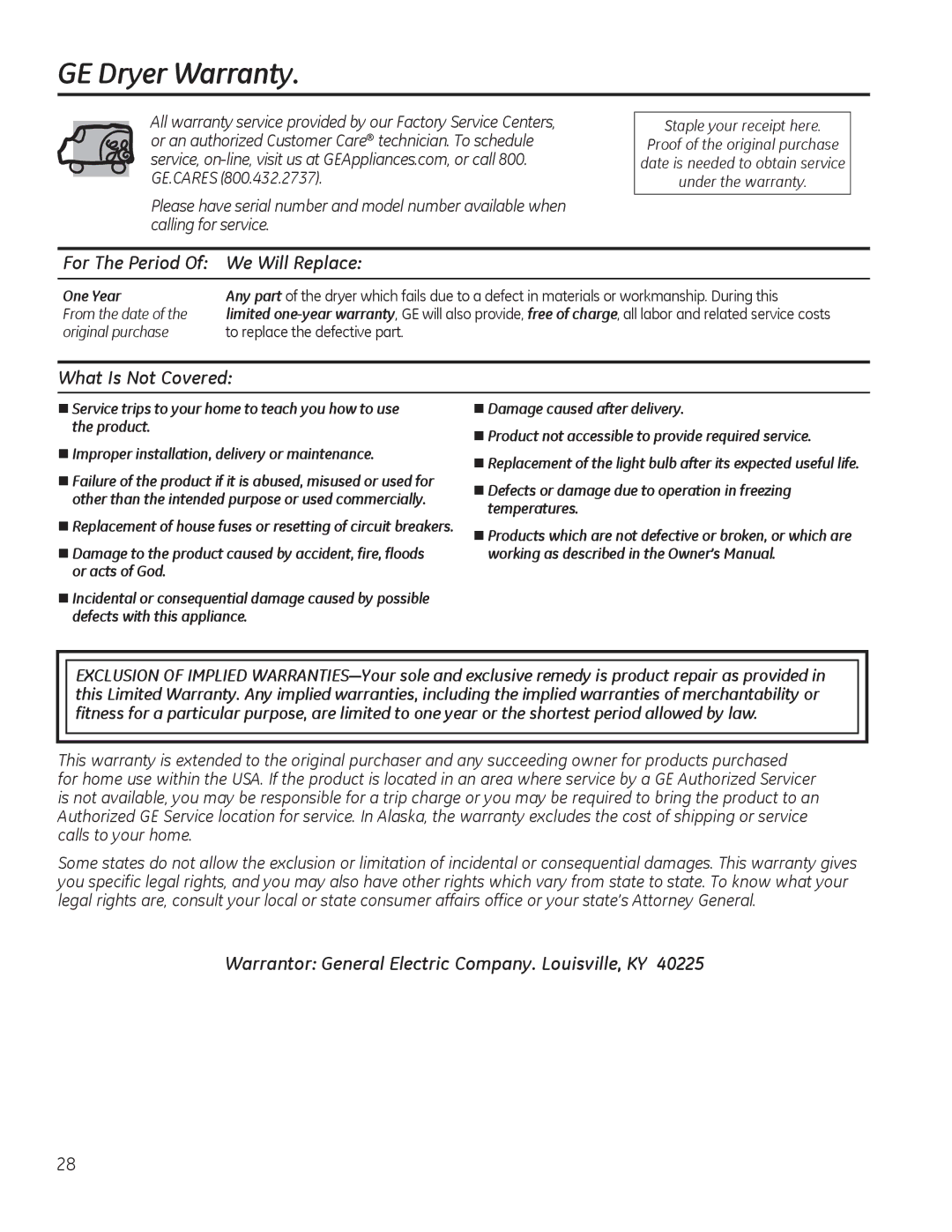 GE GFDN245, GFDS350, GFDN240, GFDS355 owner manual U\HuDuudqw\, RU7KH3HULRG2I HLOO5HSODFH, KDW,V1RW&RYHUHG 