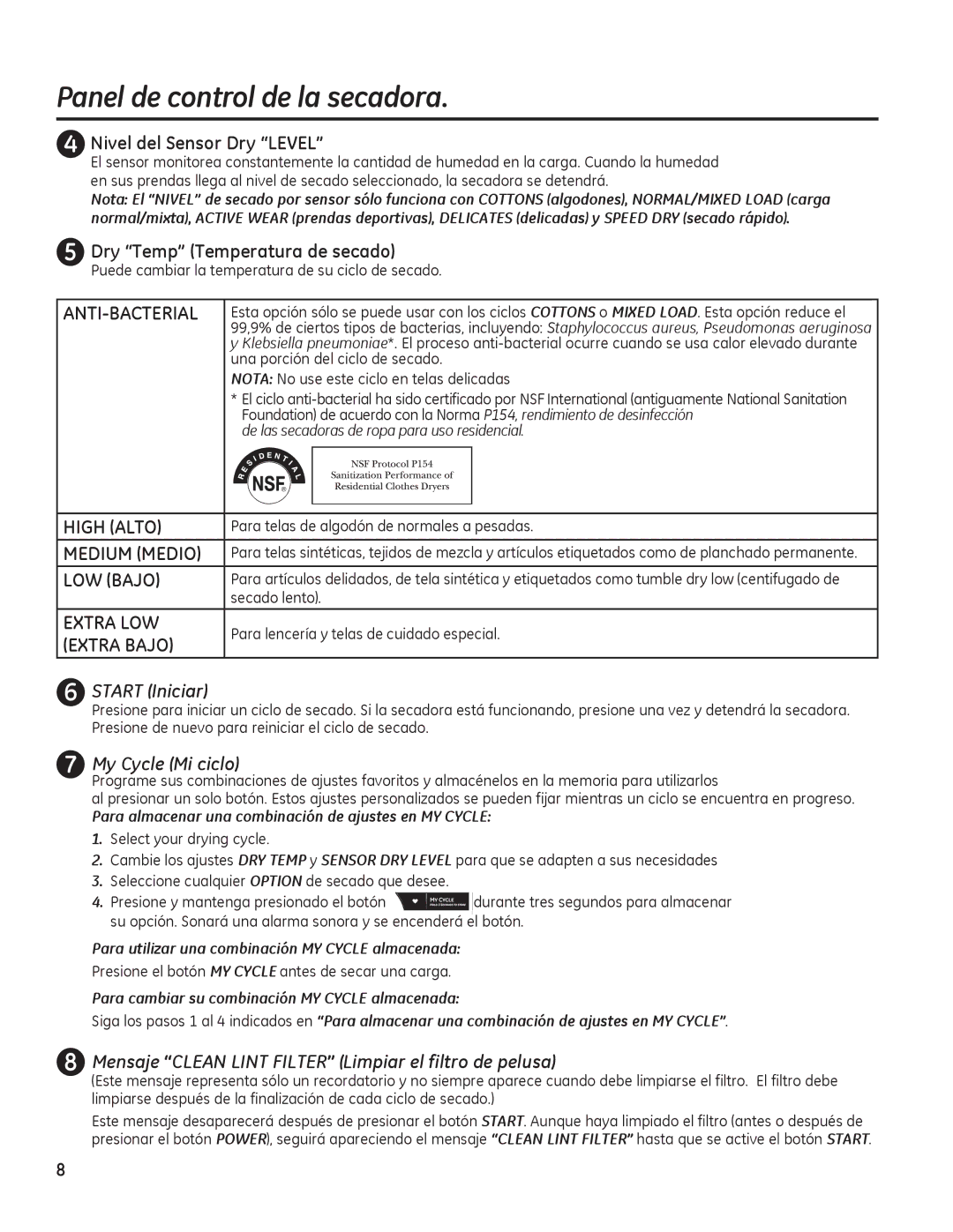 GE GFDN240, GFDN245, GFDS350, GFDS355 owner manual &\FOH0LFLFOR, 0HQVDMH´&/$1/,17,/75µ/LPSLDUHOILOWURGHSHOXVD 